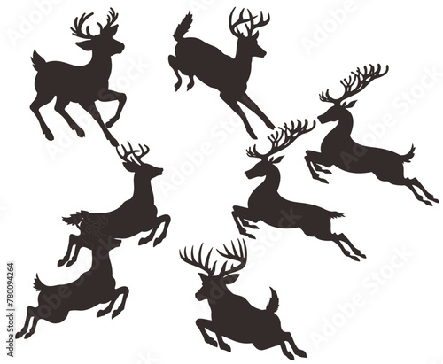Set Silhouettes Deers Isolated. Jumping and Running Reindeers, Stags