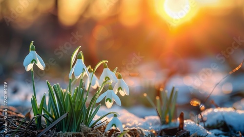 Snowdrops Emerging in Snow on a Sunny Day