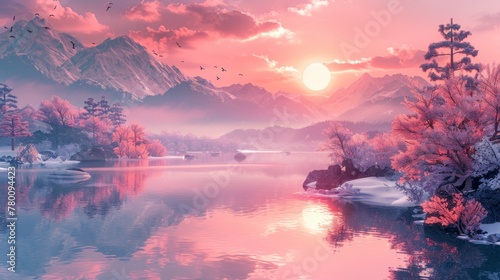 Japanese sunset with vaporwave vibe. Generative AI © wellyans