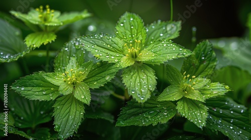 Green Leaves Covered in Water Drops