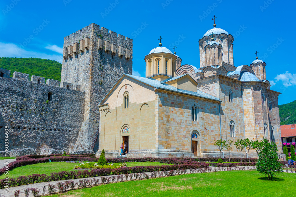 Manasija monastery in Serbia during a sunny day