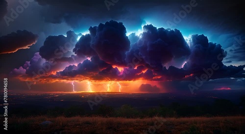 A large cloud crackling with lightning bursts against the sky photo