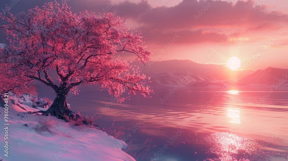 Obraz premium Japanese sunset with vaporwave vibe. Generative AI