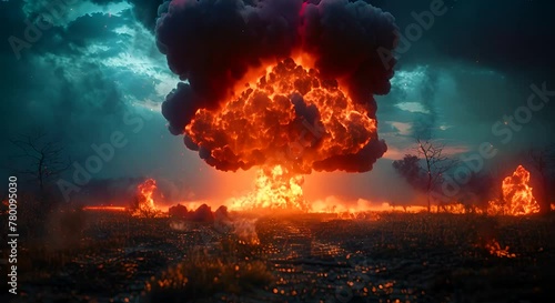 A large explosion erupts in the sky, lighting up the horizon with fiery bursts and billowing smoke photo