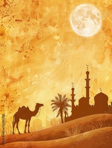 This image is created for Islamic events like Eid ul Adha, Camel, poster and copy space - generative ai