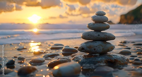 A stack of rocks is seen placed on top of a sandy beach, creating a unique and interesting sight against the backdrop of the ocean photo