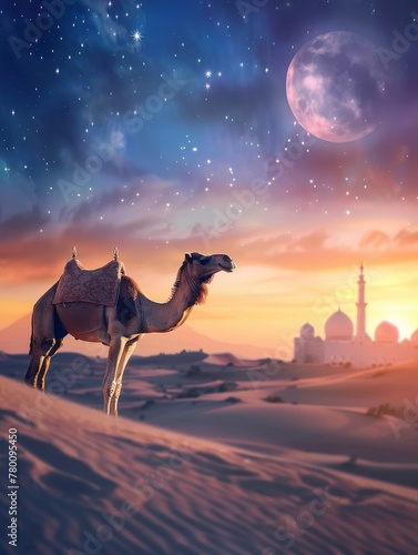 This image is created for Islamic events like Eid ul Adha  Camel  poster and copy space - generative ai