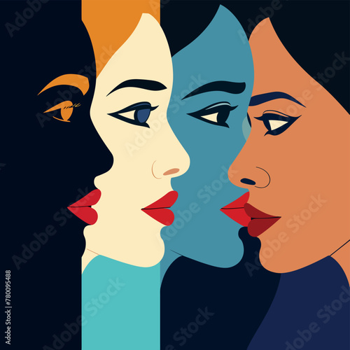 Vector illustration of four beautiful female faces different from each other. Side view.