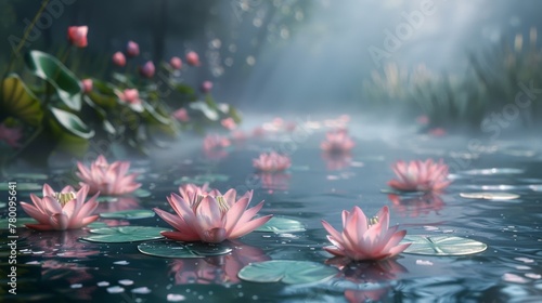 Tranquil lotus pond in misty landscape