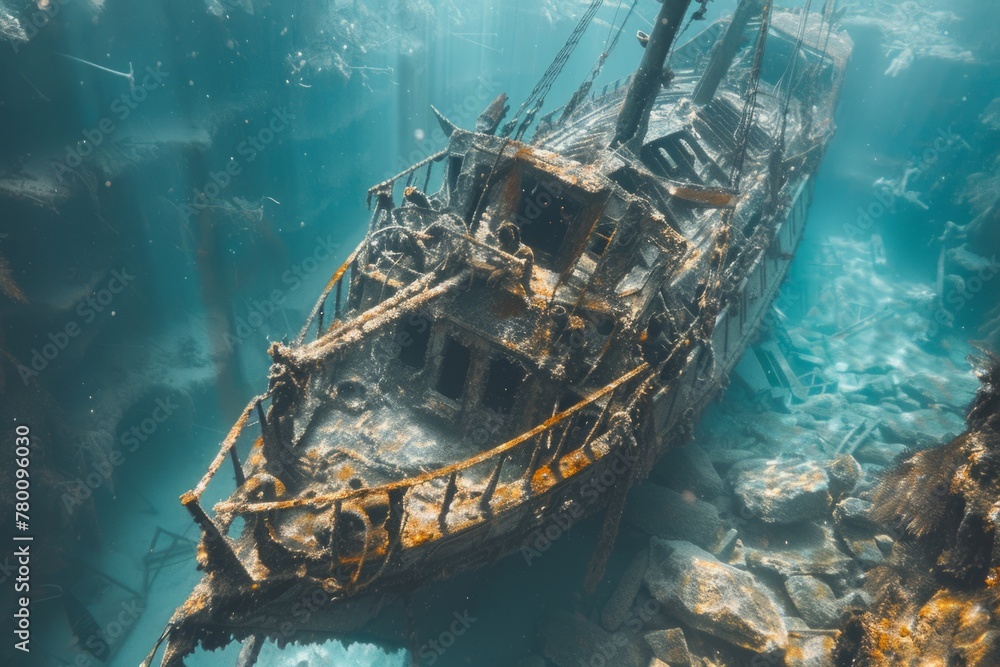 A shipwreck is seen in the ocean with a lot of debris and fish swimming around it. Scene is eerie and mysterious, as the ship is long gone and the ocean is filled with life A shipwreck is seen in the ocean with a lot of debris and fish swimming around it. Scene is eerie and mysterious, as the ship is long gone and the ocean is filled with life