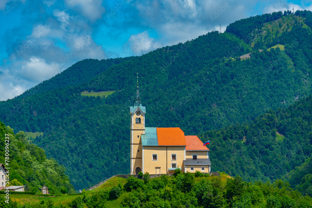 Church of Saint Anthony and panorama of Slovenian town Idrija