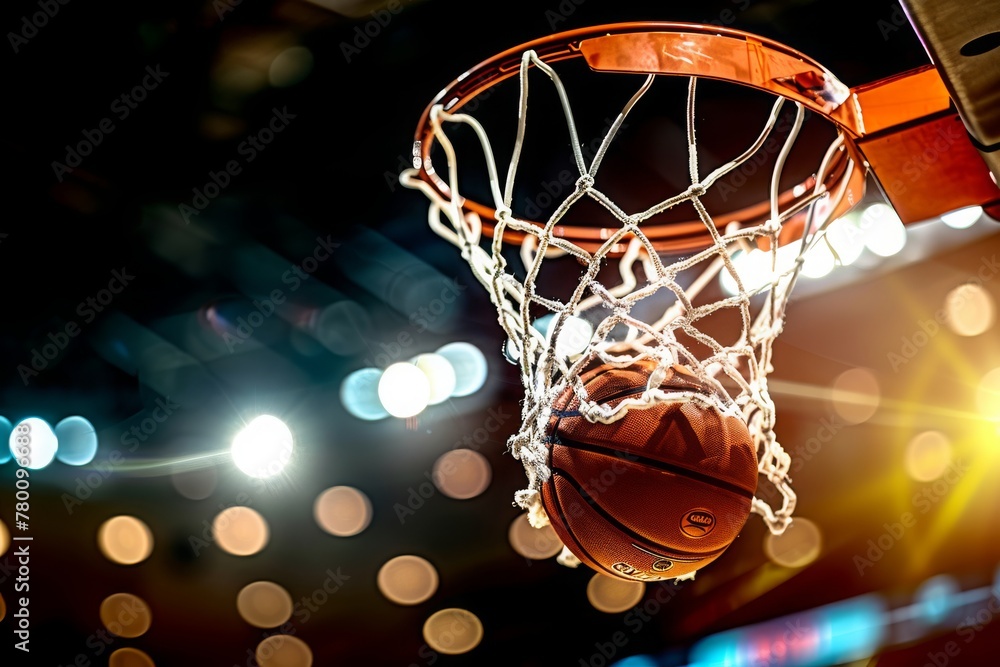 A close-up view looking up at an orange basketball falling through the rim and a white nylon net with the arena lights and lens flare in the background.