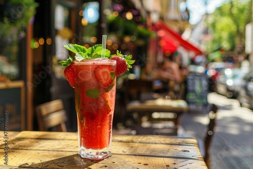 Strawberry mint cocktail on rustic outdoor cafe table - perfect summer refreshment