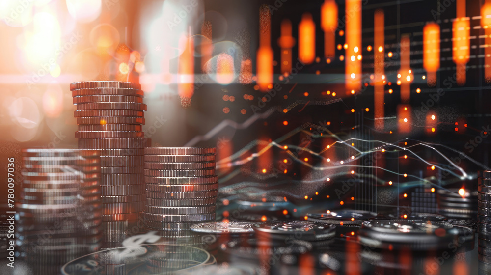 Fototapeta premium Stack of Coins with Market Graph Background