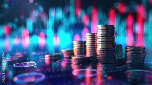 Stack of Coins with Market Graph Background