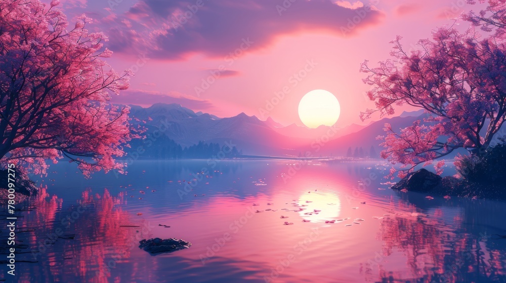 Japanese sunset with vaporwave vibe. Generative AI Japanese sunset with vaporwave vibe. Generative AI