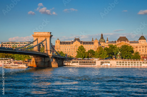 Panoramic view of the Chain Bridge over the Danube river in Budapest, Hungary