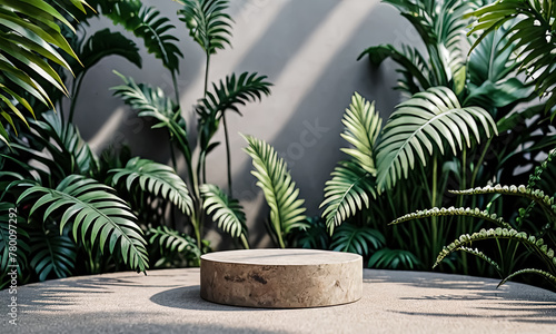 Elevate Your Brand: Cosmetics Advertising Podium Surrounded by Vibrant Tropical Leaves