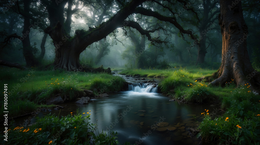 Beautiful green forest, dark mode tones, long exposure picture, small river. Generated AI Beautiful green forest, dark mode tones, long exposure picture, small river. Generated AI