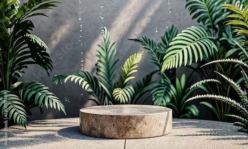 Tropical Opulence: Beauty Product Advertisement Stand Enhanced by Natural Stone Pedestal