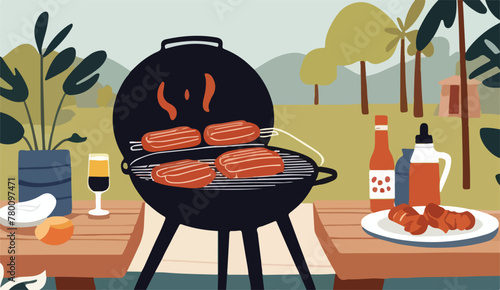 Grill & Chill. A BBQ Affair. Barbecue Time Concept. Vector Flat Illustration.