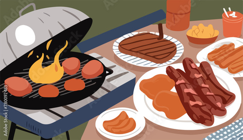 Grill & Chill. A BBQ Affair. Barbecue Time Concept. Vector Flat Illustration.