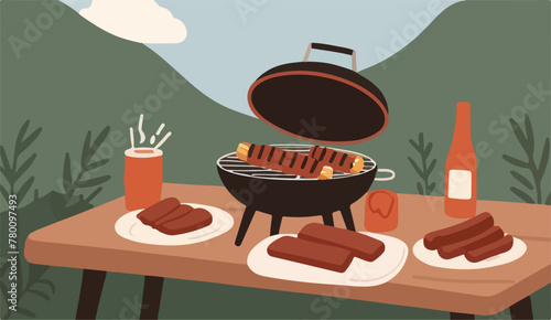 Grill & Chill. A BBQ Affair. Barbecue Time Concept. Vector Flat Illustration.