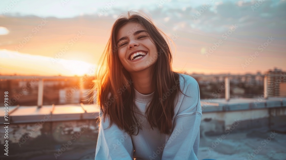 Portrait of a smiling carefree woman sitting on a rooftop generative ai