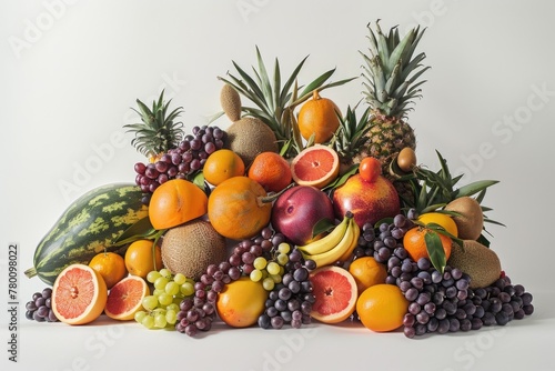 A vibrant assortment of fruit stacked neatly atop a white table  creating a colorful and inviting display