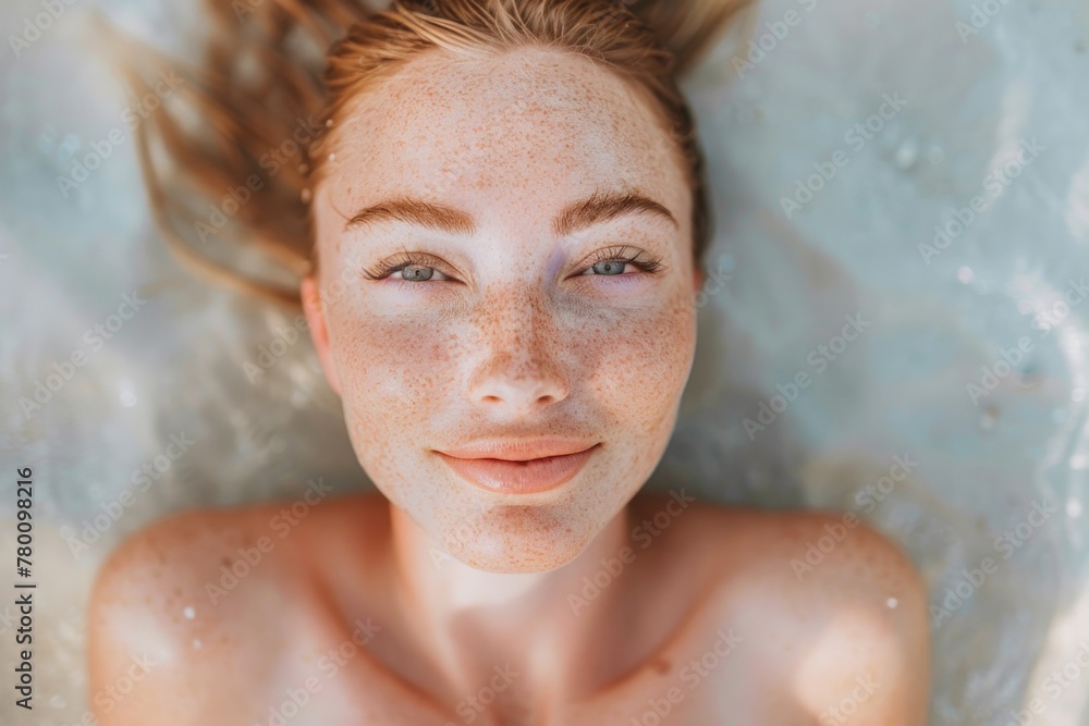 A serene woman with freckled hair lays peacefully in a bathtub, immersed in relaxation and tranquility A serene woman with freckled hair lays peacefully in a bathtub, immersed in relaxation and tranquility
