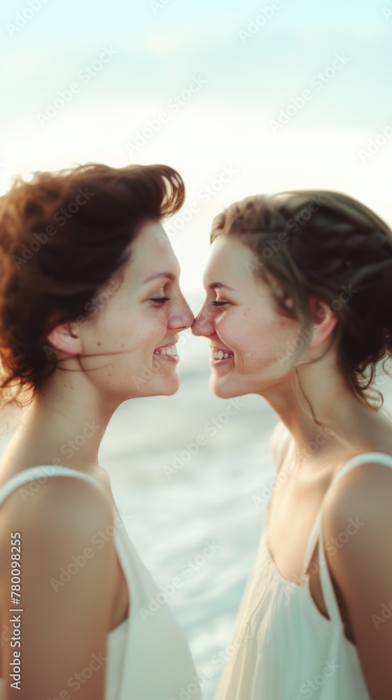 Two women standing closely next to each other, sharing a warm and friendly moment together Two women standing closely next to each other, sharing a warm and friendly moment together