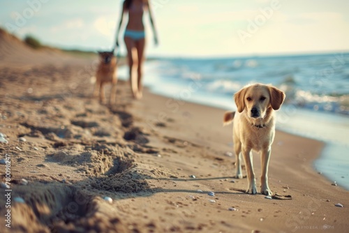 A woman leisurely strolls along the sandy shore next to the ocean, holding a leash as her furry companion playfully walks beside her