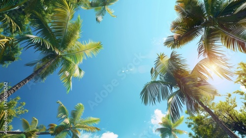 Low angle view of tropical palm trees over clear blue sky generative ai