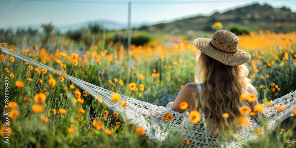 A woman relaxes in a hammock amidst a vibrant field of colorful flowers, basking in the beauty of nature