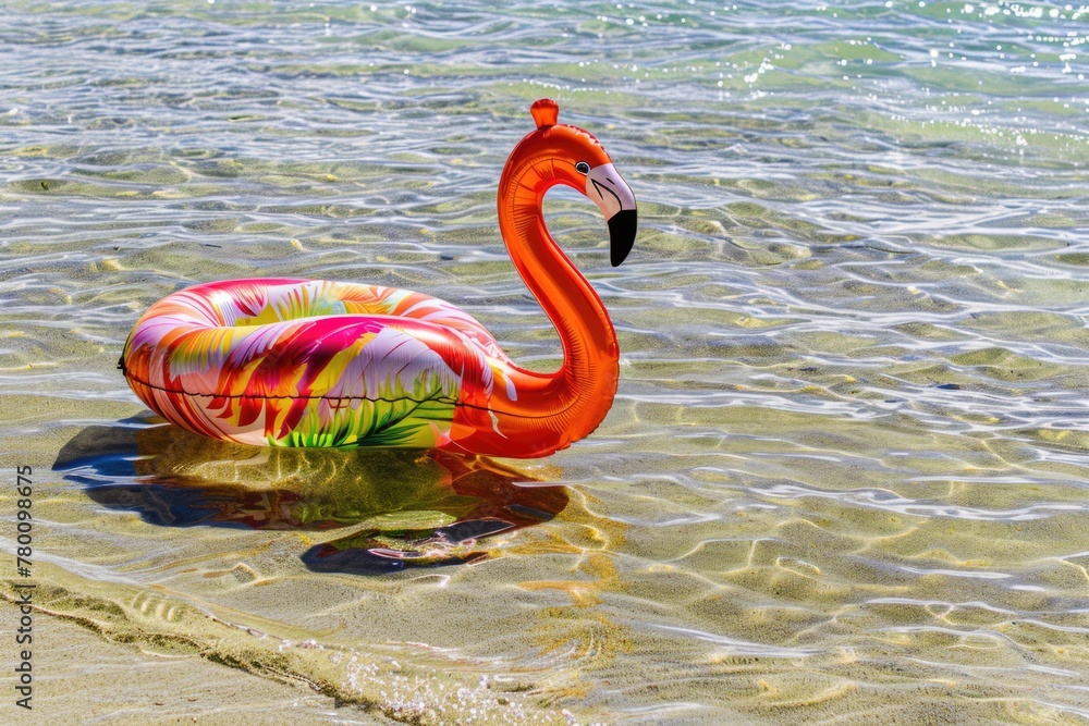 A vibrant inflatable flamingo peacefully floating on the waters surface, adding a touch of whimsy to the scenery