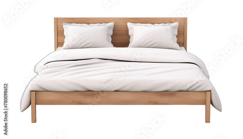 Simple wooden bed frame with white pillows and blanket 3D rendering