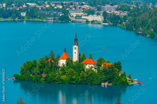 Aerial view of lake Bled in Slovenia photo