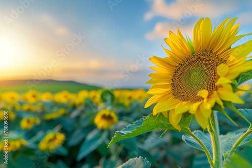 Sunflowers garden   have abundant health benefits. Sunflower oil improves skin health and promote cell regeneration. Dawn in the sunflowers field during summer sunset.