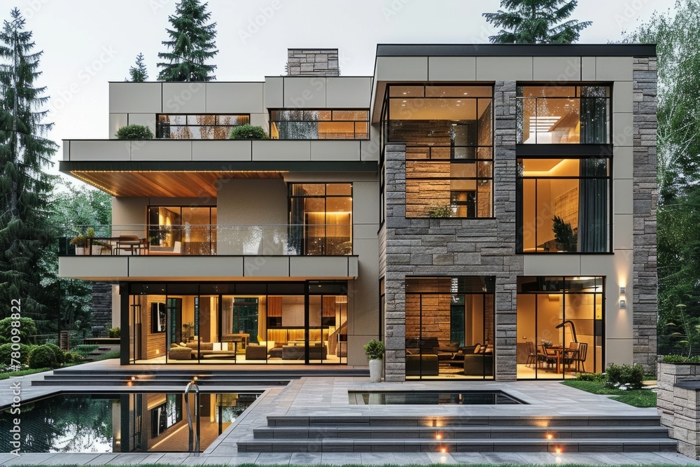 A large house with a pool and a lot of windows. The house is very modern and has a lot of natural light coming in
