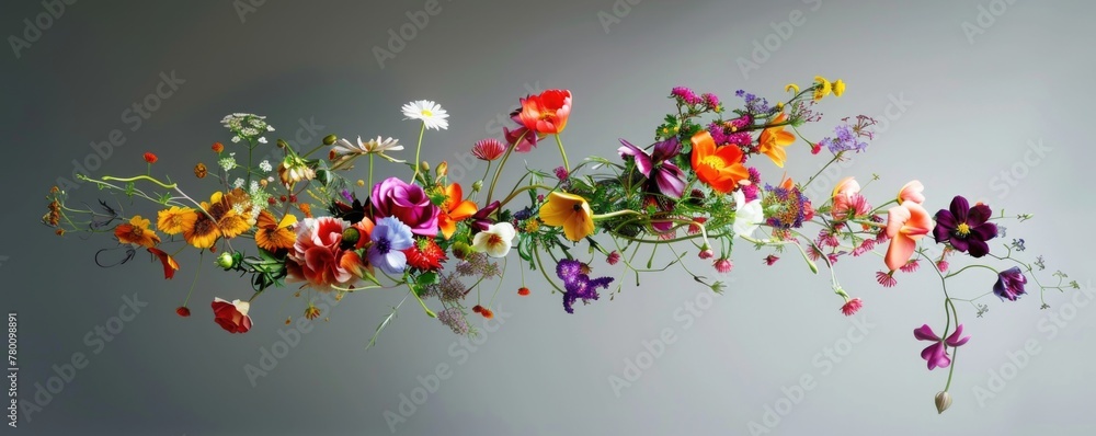 A plethora of flowers gracefully float in mid-air, creating a mesmerizing and enchanting display
