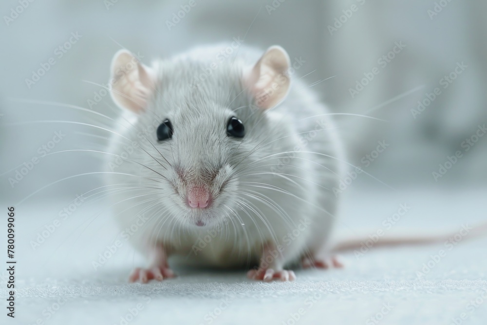 A cute white rat sits gracefully atop a wooden table