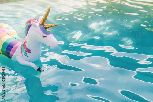 A vibrant inflatable unicorn gracefully floats in a pool, creating a whimsical scene of playfulness and relaxation