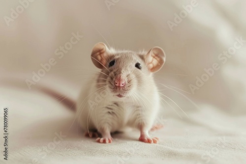 A small mouse sits on a white surface, looking curious and contemplative