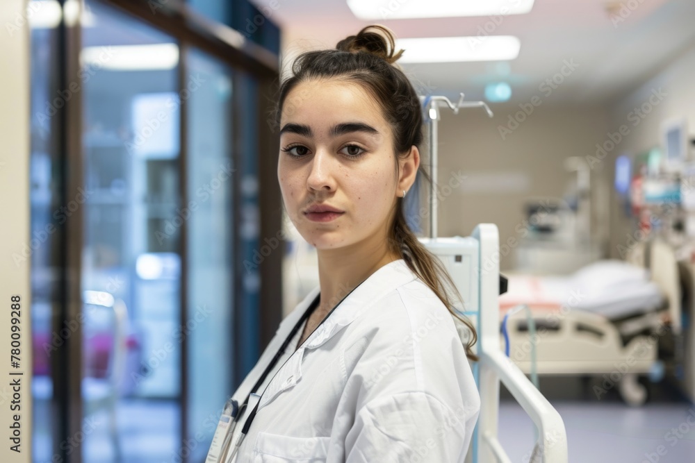 Fototapeta premium A young European nurse, dressed in a white lab coat, stands confidently in a modern hospital hallway
