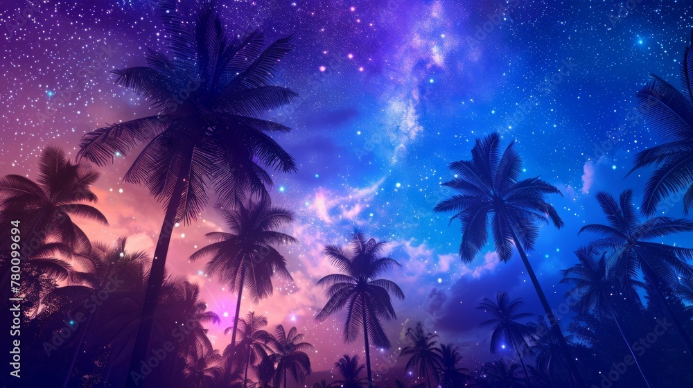 Obraz premium Low angle view of tropical palm trees on a starry night generative ai