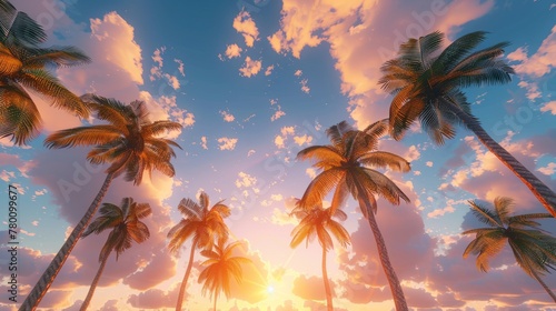 Low angle view of tropical palm trees on a sunset generative ai © ThisDesign