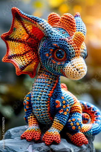 Crocheted toy dragon sitting on top of wooden table next to tree.