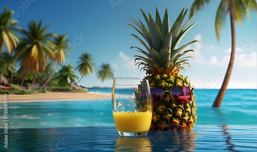 A ripe Pineapple fruit and a glass of cooling pineapple juice, on the seaside