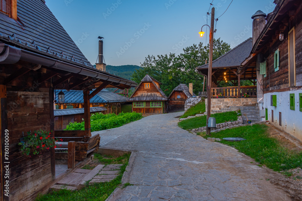 Sunset view of Drvengrad village in Serbia