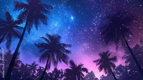 Low angle view of tropical palm trees on a starry night generative ai © ThisDesign